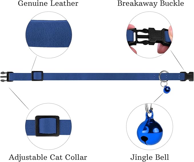 Breakaway Cat Collar Leather with Removable Bell - 13 Colors Available - Soft Adjustable Girl Boy Safety Lightweight Pet Kitten Collars Pink Brown Blue Green Red Orange Black (Blue)