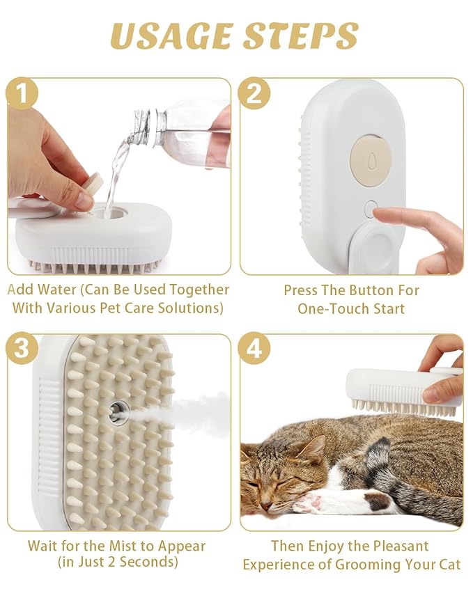 6 in 1 Cat Steam Brush for Shedding, Portable Anti-Static Grooming Comb for Cats & Dogs, Steam Misting Water Brush, Self-Cleaning Pet Hair Remover, Indoor Cat Spray Brushes for Cats & Dogs