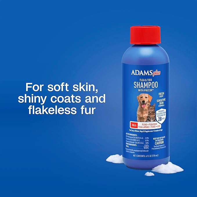 Adams Plus Flea & Tick Shampoo with Precor for Cats, Kittens, Dogs & Puppies Over 12 Weeks Of Age |Sensitive Skin Flea Treatment for Dogs & Cats |Kills Adult Fleas, Flea Eggs, Ticks, and Lice |6 Oz