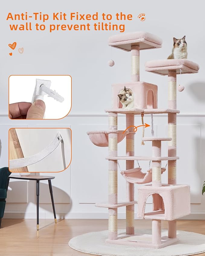 Taoqimiao Cat Tree, 71-Inch Cat Tree Cat Tower for Indoor Cats, Plush Multi-Level Cat Condo with 10 Scratching Posts, 2 Perches,Basket, 2 Caves,Hammock, 2 Pompoms,MS020P Jelly Pink
