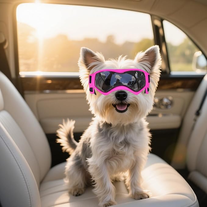 Dog Goggles Dog Sunglasses for Small Breed UV Protection Windproof with Adjustable Head Straps Chin Straps for Ride Car/Hiking Travel/On Beach-Pink