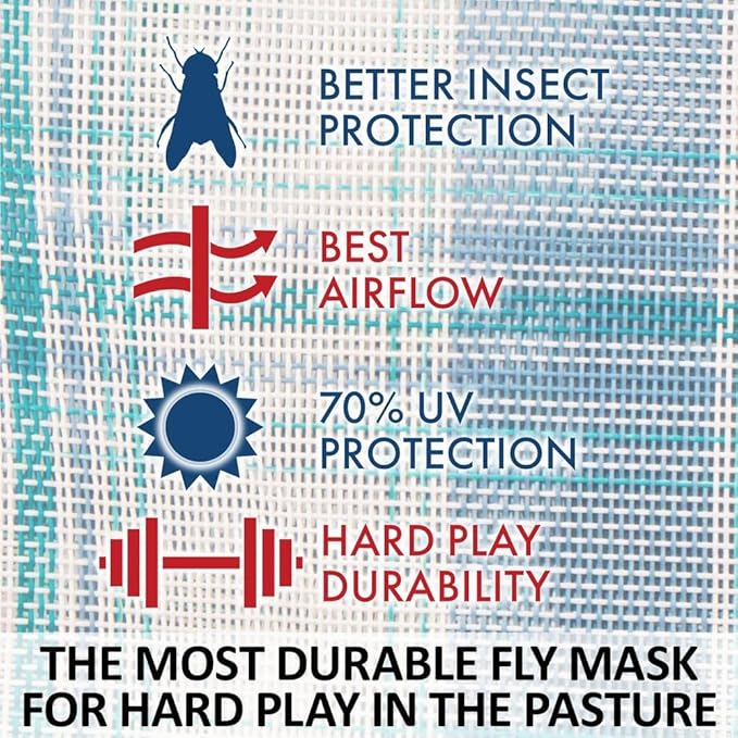 Schneiders Dura-Mesh Plaid Fly Horse Mask with Ears | Ultra-Durable 1000D Mesh | 70% UV Protection | Breathable Open Weave | Color Blue Plaid | Size Cob