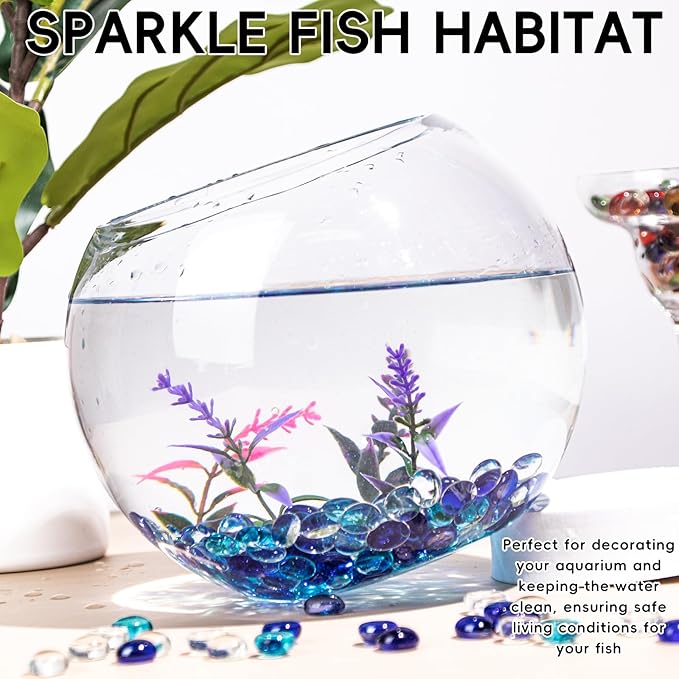 1 LB Blue Mix Color Glass Marbles, Mini Flat Glass Beads~150PCS for Vase Fillers, Floral Bottom Mancala Gems Pebbles Fish Tank Rocks for Table Aquarium,Home Decor Art Craft Supplies(0.5"~0.7")