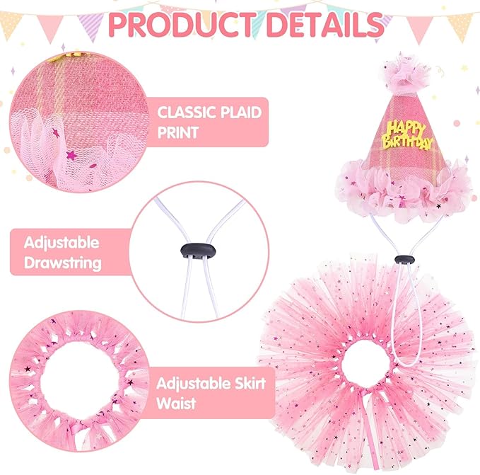 SCENEREAL Dog Birthday Bandana Hat with Dress Girl Set Party Supplies Plaid Puppy Birthday Outfit Cute Dog Tutus for Small Medium Lage Dogs, Pink Plaid
