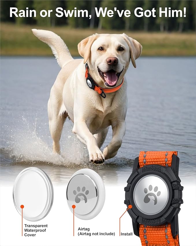 TagME Airtag Dog Collar,Waterproof Reflective Pet Collar with Airtag Holder,Soft Padded and Double D-Rings for Large Dogs,Orange