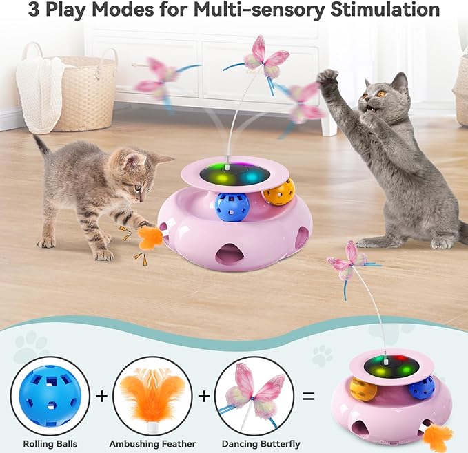 Cat Toys Interactive Rechargeable 3in1 Whack a Mole Cat Toy, Fluttering Butterfly, Track Balls, Touch Activated Automatic Kitten Toys for Indoor Cats