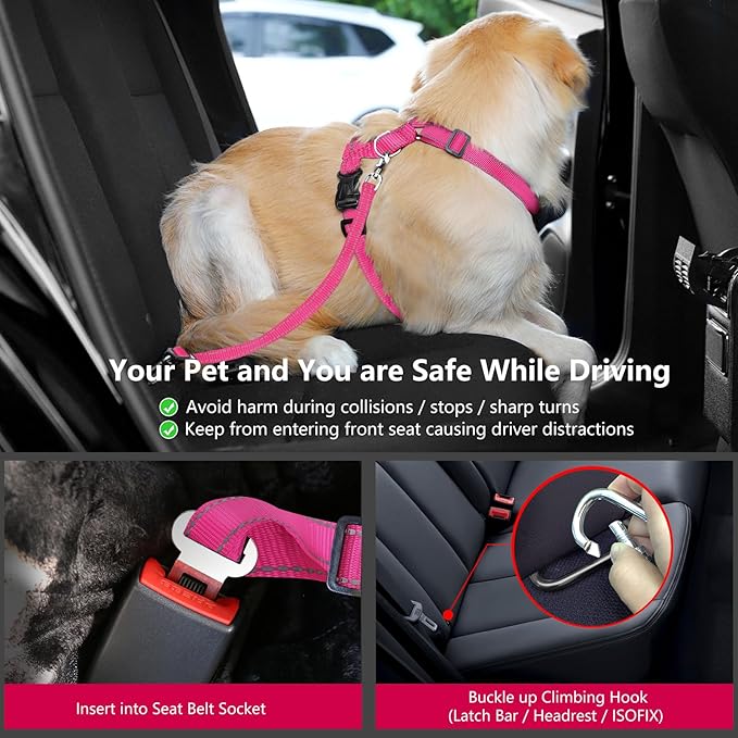 Dog Seat Belt Harness for Car, Dog Car Harness Adjustable Mesh Breathable & Dog Seatbelt Safety Tether with Elastic Bungee for Small Medium Large Pets(Rose, XL)