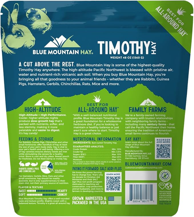 Blue Mountain Hay | Fresh Timothy Hay (48 Ounce) | Great for All Ages | High-Altitude Hay Pet Food for Rabbits, Guinea Pigs, Chinchillas, Hamsters, and Other Small Pets