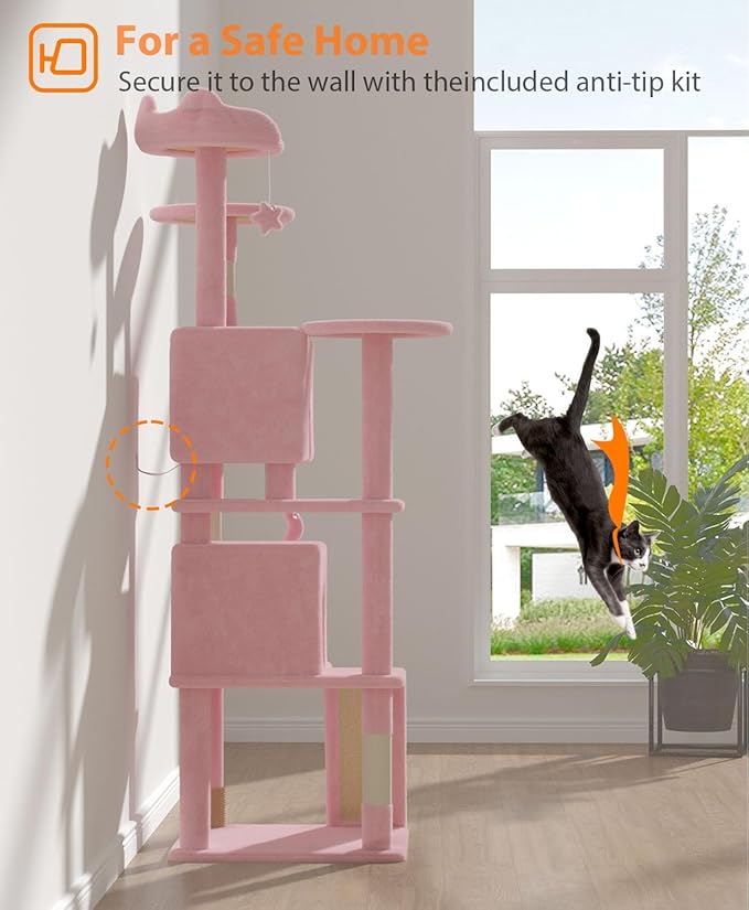 77'' Cat Tree Tower for Indoor Cats Large Adult, Cute/Tall Modern Cat Tree for Big Cats 20 lbs, Plush Multi-Level Cat Condo with Scratching Posts,Dangling Ball (Soft Pink, 77 inch)
