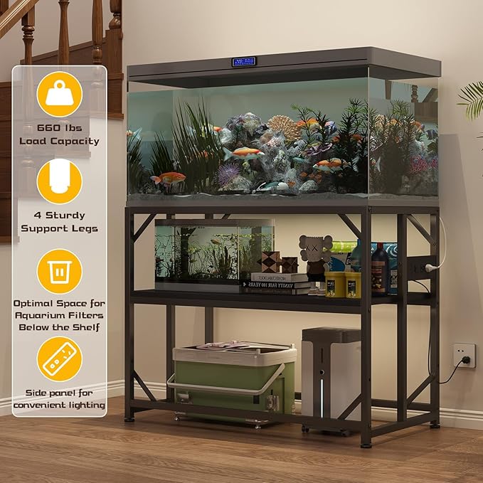 Sturdy Metal Aquarium Stand with Power Outlets, Adjustable Storage Cabinet - 660LBS Capacity, Black - Suitable for 40 Gallon Fish Tank, Turtle Tank, Fish Tank Accessories - Perfect Fish Tank Stand for Organization and Convenience