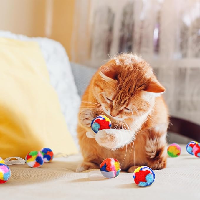 Nicunom 60 PCS Cat Pom Pom Balls, 1.7Inch Rainbow Cat Toy Balls, Soft Plush Cat Ball Fuzzy Kitty Balls Colorful Kitten Puff Balls Cat Chase Ball for Kitten Pet Interactive Playing Exercising