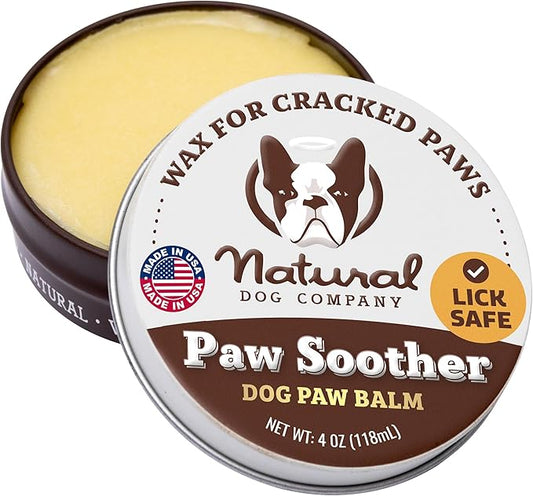 Natural Dog Company Paw Soother Balm & Wax for Dogs 4 oz Tin – Organic Moisturizing Relief for Dry, Cracked Paws, Lick - Safe–Repairs & Heals–Protects Against Extreme Weather – Coconut Oil & Vitamin E