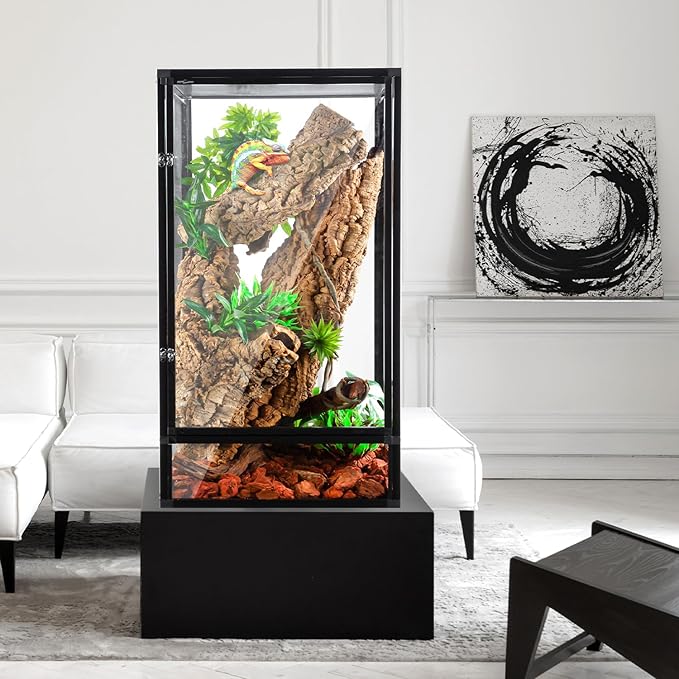 REPTI ZOO 18" x 18" x 36" Front Opening Chameleon Cage with 3-Sided Metal Mesh, 50 Gallon Screen Vertical Terrarium with Background Sticker, Tall Enclosure for Chameleon, Tree Frog, Arboreal Reptiles