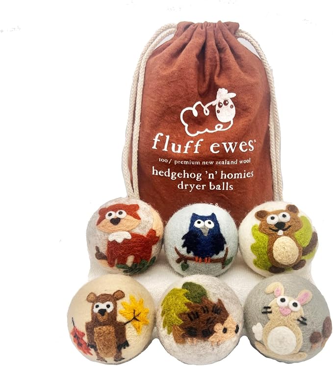 Fluff Ewes Wool Dryer Balls 6 Pack Premium New Zealand Wool Laundry Balls for Dryer, No Static Dryer Balls Laundry Reusable, XL Hedgehog Dryer Balls, Baby Dryer Balls for Dryers - Hedgehog and Homies