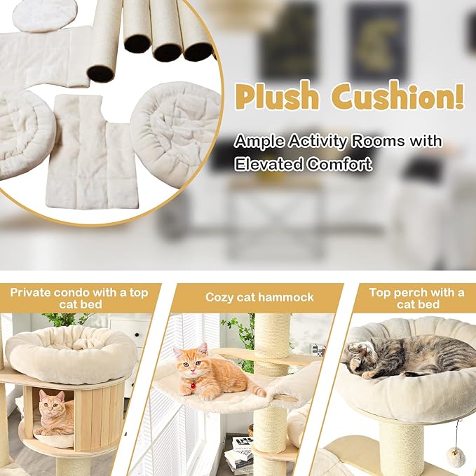 PETSITE 68.5" Tall Cat Tree, Multi-Level Modern Cat Tower with Sisal Scratching Posts, Top Perch, Cat Condo, Hammock, Jingling Balls, and Washable Cushions, Cat Tree Tower for Indoor Cats Large Adult