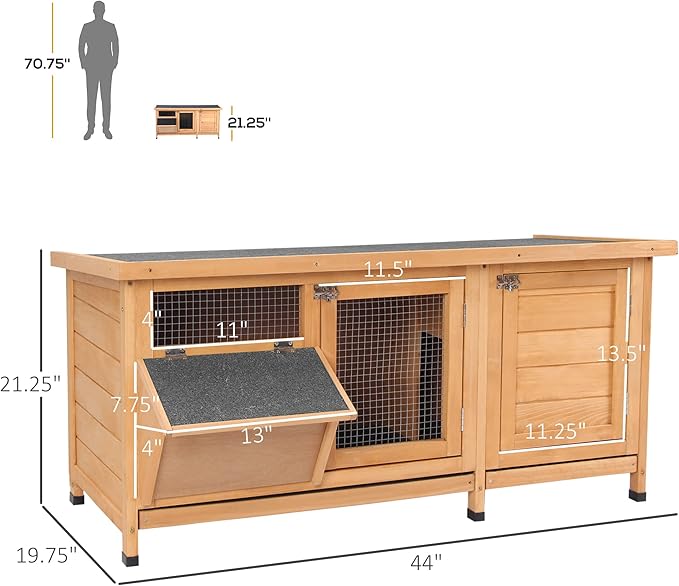 PawHut Wooden Rabbit Hutch Bunny Hutch Cage Guinea Pig with Waterproof Roof, No Leak Tray and Feeding Trough, Indoor/Outdoor, Natural