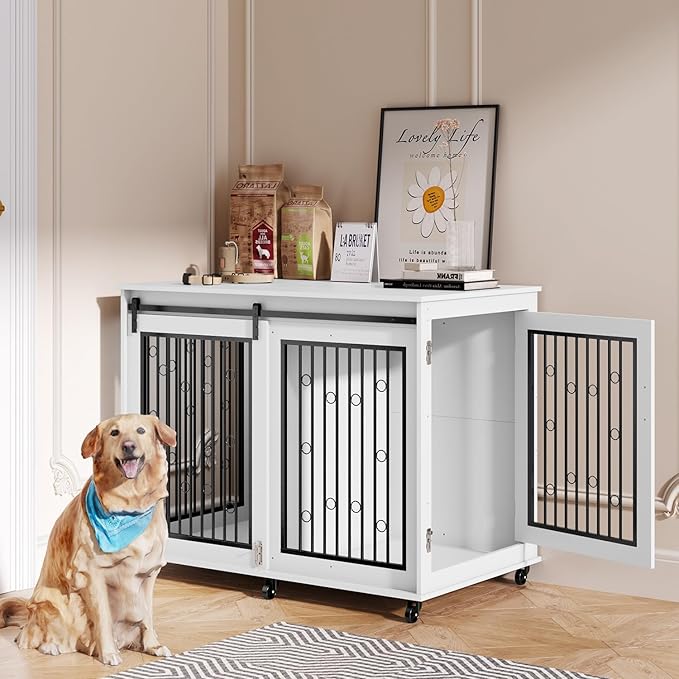 IchbinGo Large Dog Crate Furniture, 47" Wooden Dog Kennel with Sliding Barn Door, Flip-Top Lid & Wheels, Indoor Pet Crate Table with Detachable Divider for Small/Medium/Large Dogs (White)