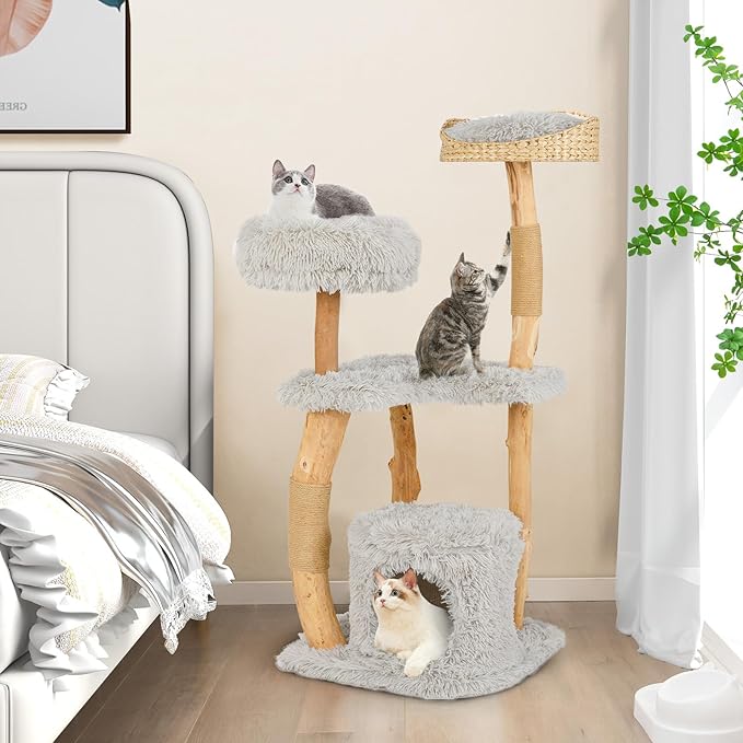 Tangkula Cat Tree Tower, Solid Wood Modern Cat Tower with Top Cattail Basket Bed, Side Perch, Large Platform & Cat Condo, Cute Cat Tree with Scratching Posts for Indoor Cats Large Adult
