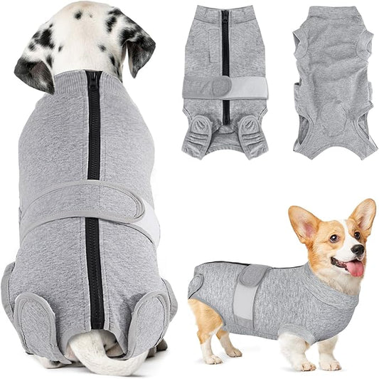 Lukovee Recovery Suit for Dogs - Zipper Onesie for Female/Male Dogs, Abdominal Wounds Cone E-Collar Alternative, Prevent Licking - Spay Recovery Suit (X-Small, Grey)