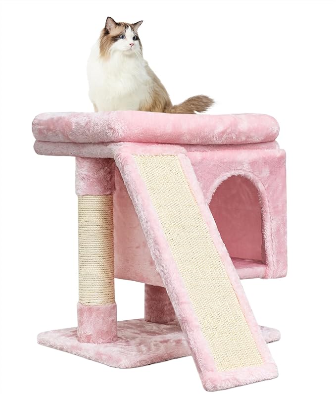 SYANDLVY Small Pink Cat Tree with Perch for Indoor Cats, Cat Tower with Scratching Post, Modern Activity House for Large Cats, Condo with Board, Kittens Cave