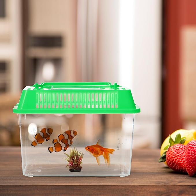 Portable Fish Tank Handheld Fish Tank,Plastic Mini Fish Box Transparent Cutout Design, Plastic Aquarium with Handle for Turtle and Pet Fish (Random Color Lid)