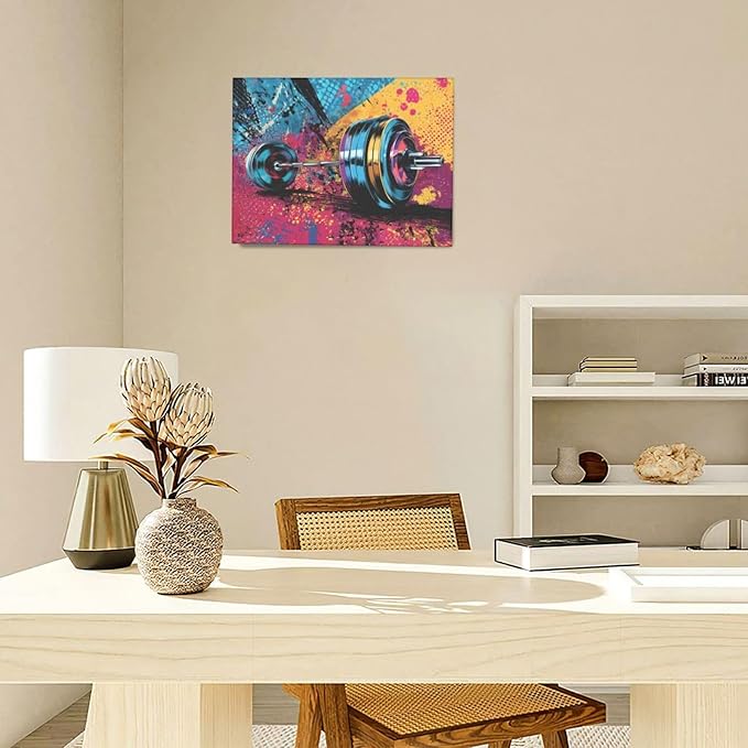 Gym Wall Art Weightlifting Fitness Canvas Wall Decor Barbell Sports Training Pictures Painting Banksy Street Graffiti Print Artwork Framed Decorations Gifts for Sports Lovers Gym Living Room Bedroom 12"x16"