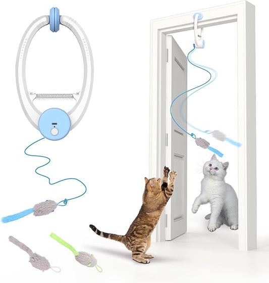Interactive Cat Toys Rechargeable, Feather Toy for Indoor Cat, Hanging Retractable Teaser Toy, Automatic Kitten Play Chase Exercise Toys with Three Plush Mouse, USB Powered (Blue)