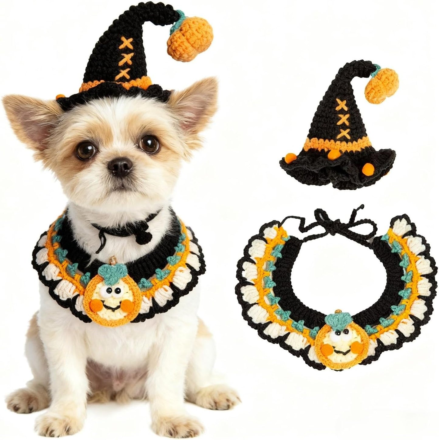 Halloween Dog Costume – Handmade Black Witch Hat & Cute Pumpkin Bandana, Adjustable Cat Outfit for Rabbits,Cats & Small Dogs, Lightweight & Breathable, Festive Pet Accessories (Small to Large Pets)