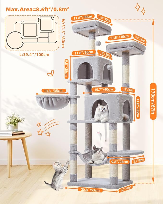 Taoqimiao 66-Inch Cat Tree Cat Tower for Indoor Cats, Plush Multi-Level Cat Condo with 7 Scratching Posts, 2 Perches, 2 Caves, Hammock, 2 Pompoms MS013W Light Gray