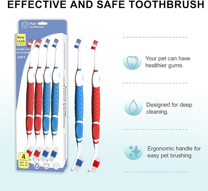 Leoezx™ Professional Pet Toothbrush(4Pcs), Dog & Cat Soft Bristle Double-Sided Brush Head Set, Pet Brushing Teeth to Clean Teeth to Reduce Tartar Buildup, Pet Dental Care Essentials