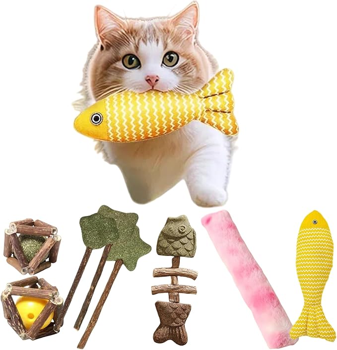 Natural Cat Toys Set with Catnip Fish & Bone,Catnip Plush Toy & Natural Silvervine Stick Cage Balls & cat nip for Cats Lolipop, 8-Piece cat Toys for Indoor Cats Interactive Pet Toys