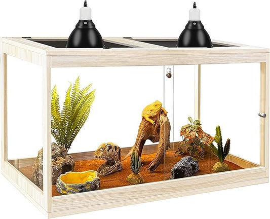 Tempered Glass Bearded Dragon Tank,28 Gallon Reptile Tank with Meatl Mesh Roof and Front Sliding Door, Anti-Scratch Lizard Tank,Spacious Reptile Enclosure for Snakes,Lguanas, Chameleons(Oak)