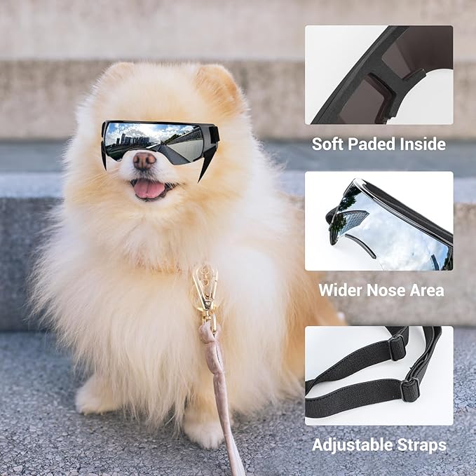 Lesypet Dog Goggles for Small Breed, Windproof UV Protection Small Dog Sunglasses Outdoor Walking Driving Pet Sunglasses Eye Protection with Adjustable Straps, Silver