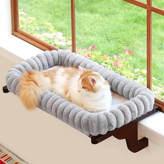 SnugCloud Cat Window Perch with 4-Sided Bolster - Orthopedic Cat Hammock for Window Sill - Solid Hardwood & Metal Frame - Window Seat for Pets (Dark Stained Wood w/Gray Bed, Medium)
