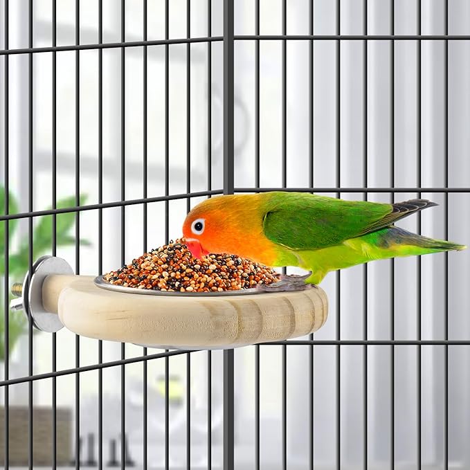 KATUMO Conure Perch Bird Wood Perch Stand Toy Parrot Cage Toy Bird Food Cup for Parakeet Lovebird Finch Conure Budgie Small Birds
