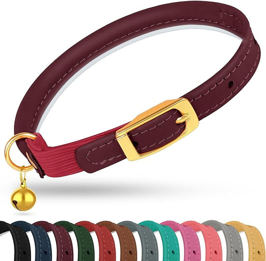 OOPSDOGGY Rolled Leather Cat Collar with Bell - Reflective Kitten Collar with Safety Elastic Strap - Adjustable Small Pet Collars for Boy Girl Cats (Burgundy)
