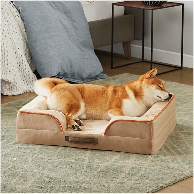 Friends Forever Orthopedic Dog Bed for Medium Dogs, Waterproof Memory Foam Dog Sofa Bed M with Removable Washable Cover, Ally Khaki, 28x23x6.5