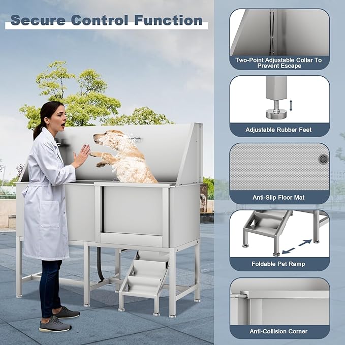 62" Professional Stainless Steel Dog Bathing Station, Large Dog Washing Station W/Dog Bath Brush, Washing Gloves, Floor Grate, Dog and Cat Bath Tub, Dog Washing Sink (62 Inch Left Door)