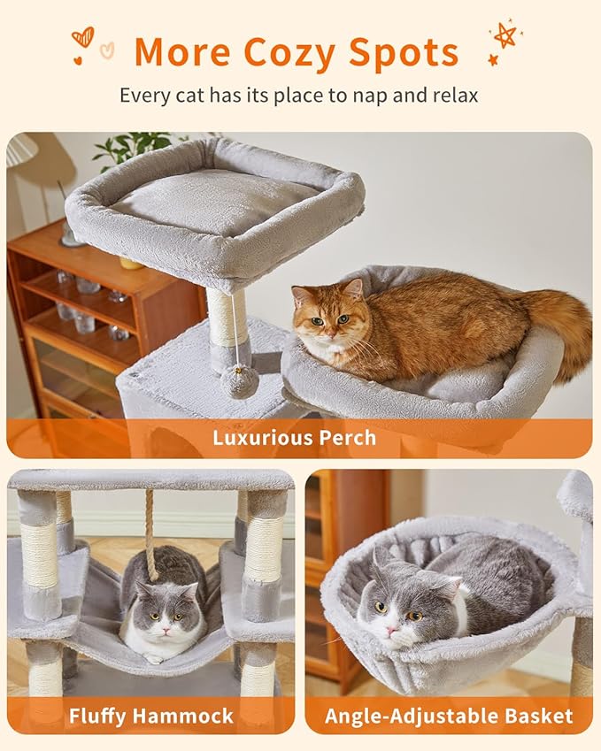 Taoqimiao Cat Tree, 71.7-Inch Cat Tower for Indoor Cats, Plush Multi-Level Cat Condo with 13 Scratching Posts, 2 Perches, 2 Caves, Hammock, 2 Pompoms,Light Gray MS013LW