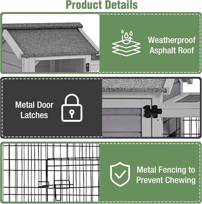 Wooden Rabbit Hutch with Wheels, Indoor Outdoor Bunny Cage with Removable Netting, Guinea Pig House with Leak-Proof Trays
