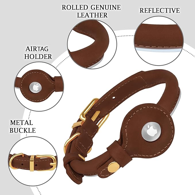 OOPSDOGGY Rolled Leather Dog Collar with Airtag Holder - Reflective Round Airtag Dog Collar - Soft Tracking Pet Collar for Small Dogs Puppy Cats Kitten (Brown, XXL, 20"-24")