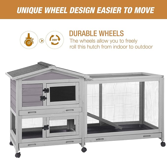 Bunny Cage Indoor and Outdoor Rabbit Hutch with Casters Waterproof Roof, Pull Out Tray from Back and Front 61.2" L x 22.6" W x 33.5" H