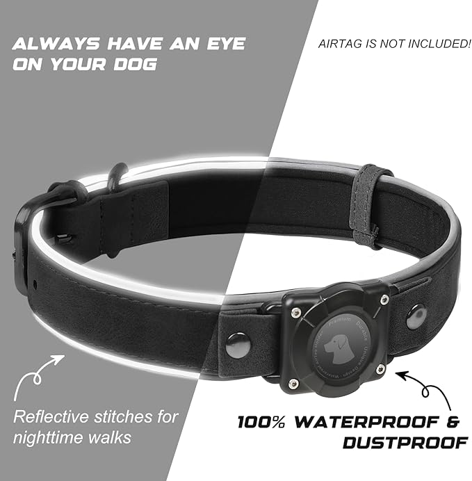 AirTag Dog Collar - Leather Dog Collar with Air Tag Holder | IPX8 Waterproof, Reflective, High - End, Adjustable Soft Padded | Dog GPS Tracker Collars Fit for Medium Large Dogs (Black, M)