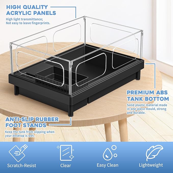Small Turtle Tank, Aquarium, Acrylic Terrarium with Basking Platform, Bottom Drainage, Multi-Function Areas for Turtles, Crabs, Crayfish, Reptiles.(Black+Filter)