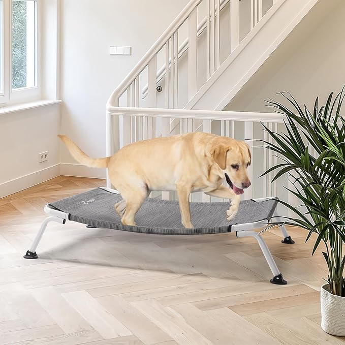 Veehoo Elevated Dog Bed for Outdoor, Cooling Waterproof Raised Dog Cots Beds for Large Dogs, Curved Off Ground Pet Hammock Cot Lifted for Outside, up to 85lbs, White Legs, Black Silver 42"