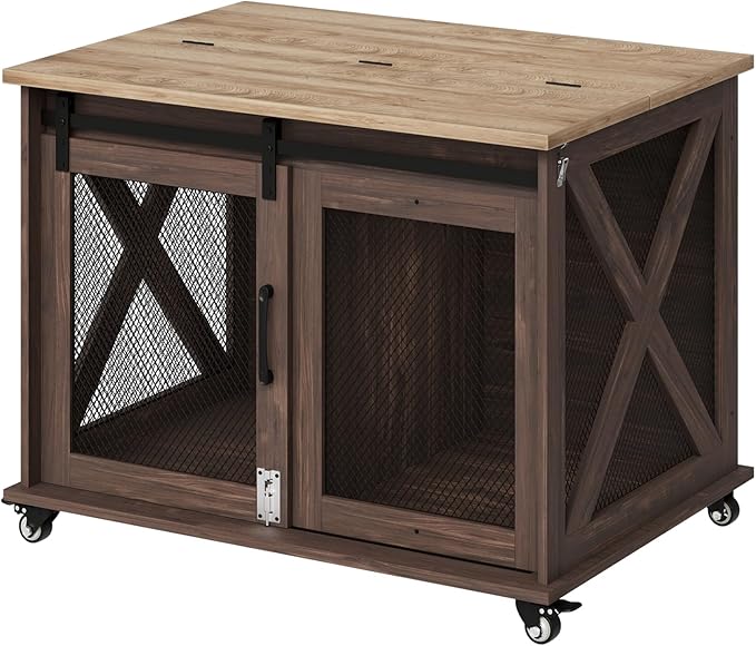 Dog Crate Furniture,37 Inch Indoor Dog Cage with Sliding Barn Door, Flip Top Dog Kennel End Table with Removable Divider, Farmhouse Wooden Pet House for Small to Middle Size Dogs