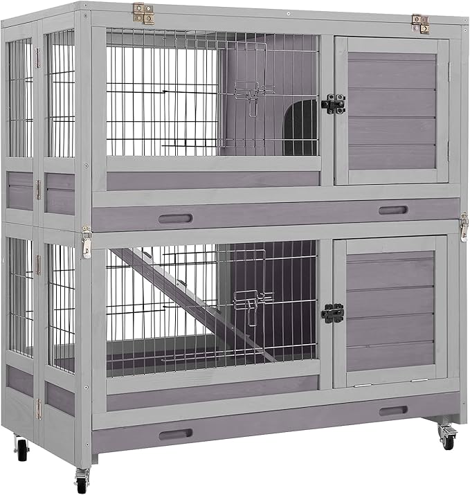Aivituvin Large Rabbit Hutch Indoor and Outdoor Folding Bunny Cage on Wheels Guinea Pig Cage with Deep No Leak Pull Out Tray,Upgrade Version (Light Gray)