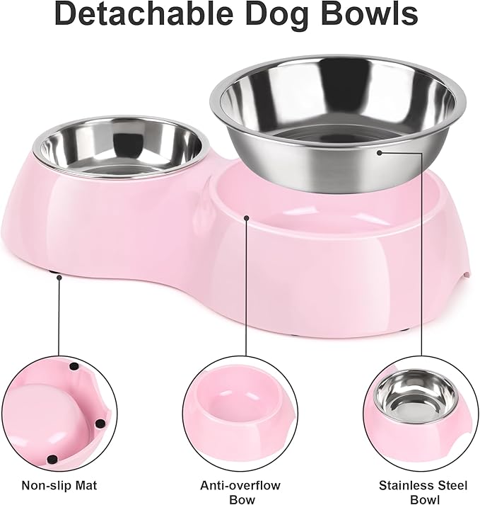 Double Dog Bowls Set – Non-Slip Pet Food & Water Dishes with Resin Stand, Includes Small (1 Cup) & Medium (2 Cups) Bowls – Ideal for Puppies, Cats, and Medium Dogs – Pink