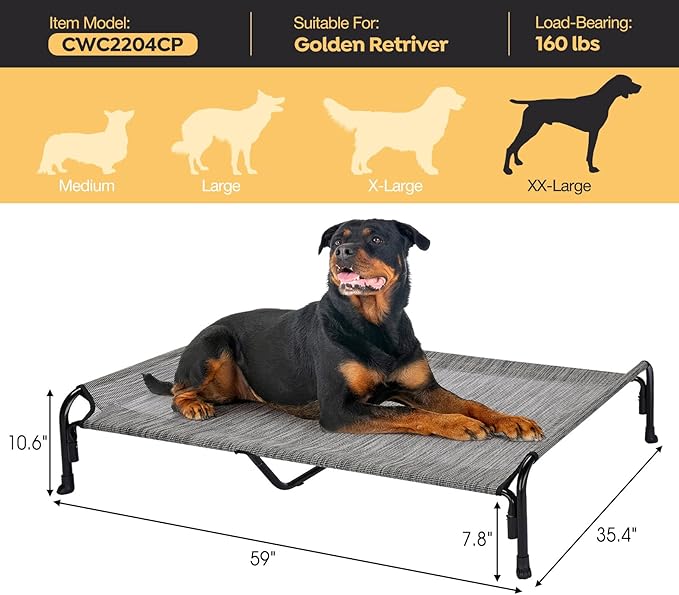 Veehoo XXL Outdoor Elevated Dog Bed, Raised Dog Cot for Extra Large Dogs, Cooling Washable Waterproof Pet Hammock Beds with Slope Headrest, Breathable Mesh and Sturdy Frame, XX-Large, CWC2204