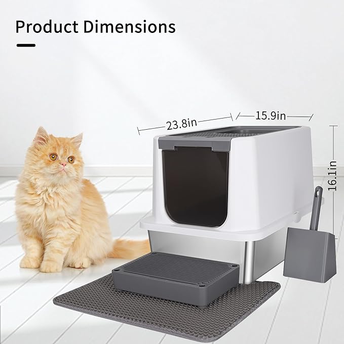 RIZZARI Stainless Steel Cat Litter Box, Odorless Enclosed Litter Box with Top Holes, Large Litter Pan for Small to Large Sized Cats (Dark Gray, 23.8" L*15.9" W*16.1" H)